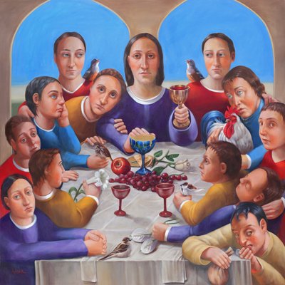 Poslední večeře, 2018 (olej a plátkové zlato na plátně) od Rosemarie Adcock