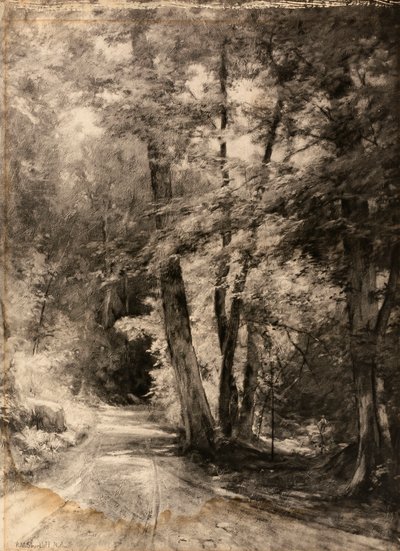 Fotogravura obrazu lesní scény od Roswell Morse Shurtleff
