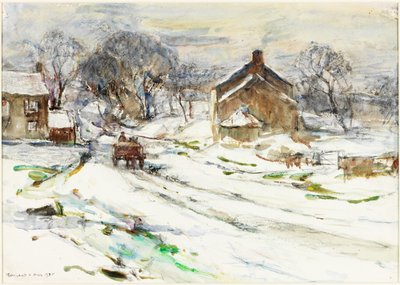 Ellerby - Winter (tužka a akvarel na papíře nalepené na kartě) od Rowland Henry Hill