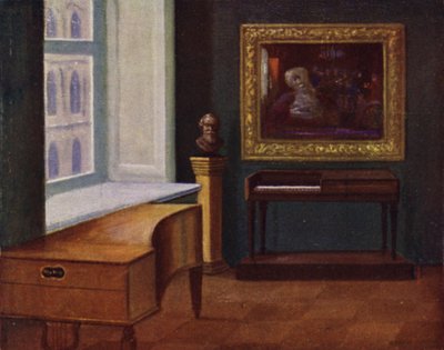 Mozartův spinet (vpravo) a klavír Huga Wolfa (vlevo) v Muzeu města Vídně (barevné lito) od Rudolf Klingsbogl