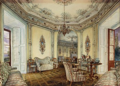 Vnitřní pohled na Salon zámku v Obertwaltersdorfu; Vnitřní pohled na salon na zámku Obertwaltersdorf, od Rudolf von Alt