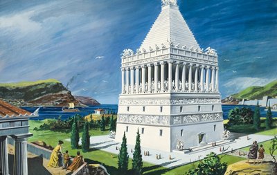 Mauzoleum v Halikarnassu, dokončeno v roce 353 př. n. l. (kvaš na papíře) od Ruggero Giovannini