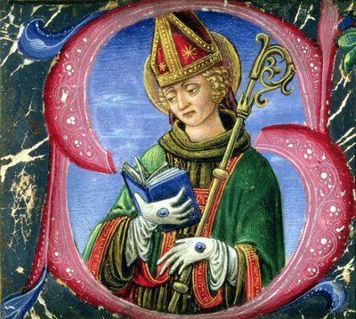 Historická iniciála S zobrazující biskupa svatého, kolem roku 1470 od Russi Francesco di Giovanni de