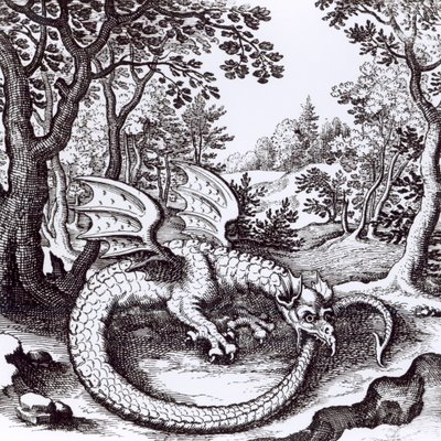 Drak v lese, z „Musaeum Hermeticum Reformatum“ od Basila Valentina, 1678 od Russian School