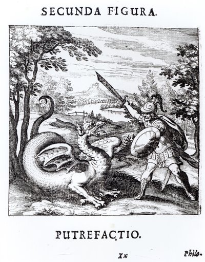 Rytíř porážející ‚Rot‘, který je ztělesněn drakem, z ‚Musaeum Hermeticum Reformatum‘ od Basila Valentina, 1678 od Russian School