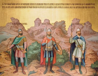 Velcí princové Rurik, Igor a Sviatoslav, nástěnná malba od mistrů Palekh ve Fazetované komoře, 1882 (nástěnná malba) od Russian School