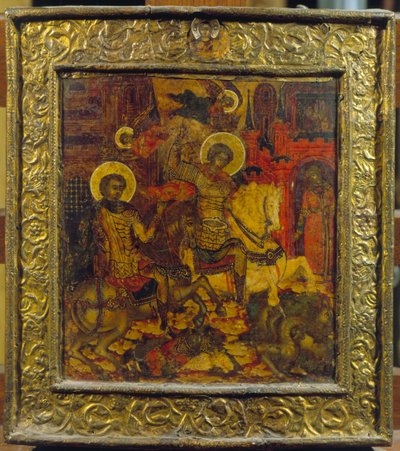 Ikona znázorňující sv. Jiří a sv. Demetrius, kolem roku 1676 (tempera na panelu) od Russian School