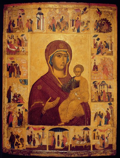 Ikona zobrazující Pannu a dítě (tempera a zlatý list na panelu) od Russian School