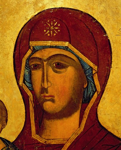 Ikona znázorňující hlavu Panny Marie, cca 1550 (tempera a plátkové zlato na panelu) (detail 314500) od Russian School