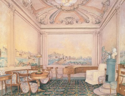 Interiér přijímací místnosti v panském domě, 1840-50s (wc na papíře) od Russian School