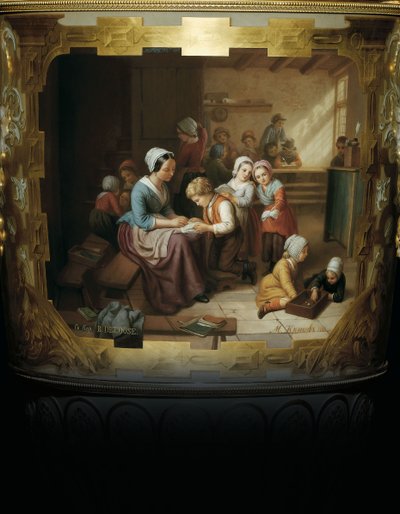 Malovaný detail z porcelánové a zlaté vázy s dvěma rukojeťmi Alexandra II, zobrazující scénu školní místnosti po B, 1866 od Russian School