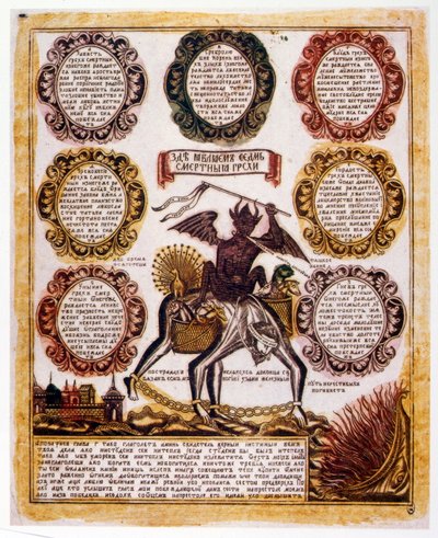 Ruská schematická ilustrace „Sedmi smrtelných hříchů“. Náboženský traktát kolem roku 1850 (rytina) od Russian School