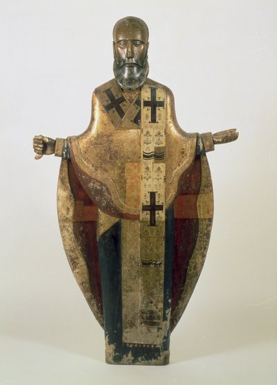 Socha sv. Mikuláše Možajského, Rusko, konec 16. století (dřevo, zdobený brokát, gesso, tempera) od Russian School