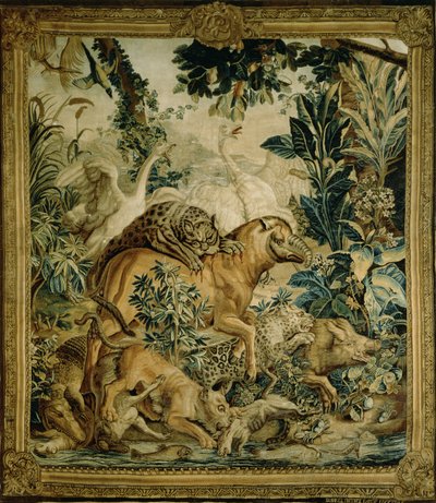 Tapiserie zobrazující divoká zvířata bojující u napajedla, kopie ze série Indian Carpet navržená D. Deportem, 1757 a vyrobená v St. Petersburg Tapestry Factory (textil) od Russian School