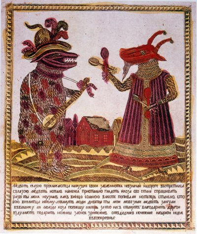 Tradiční barevný dřevoryt Ilustrace příběhu o medvědovi a koze. ruský c.1830 (rytina) od Russian School