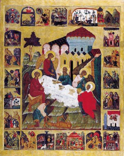 Trojice Starého zákona se scénami z Genesis, c1580. od Russian icon.