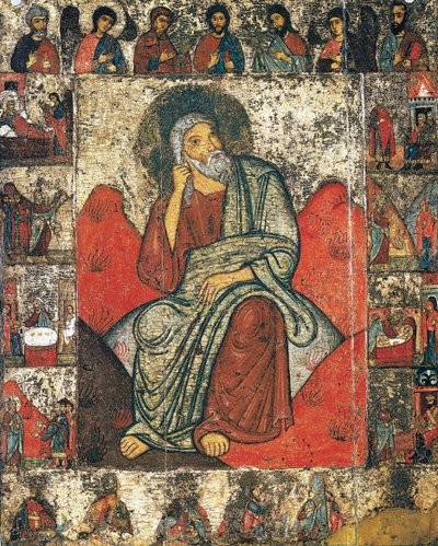 Prorok Eliáš v poušti s výjevy z jeho života a Deesis, 13. – první třetina 14. od Russian icon.