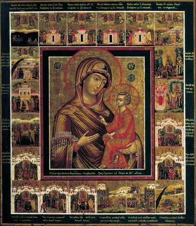Panna Tichvinská s hraničními scénami, první čtvrtina 19. století. od Russian icon.