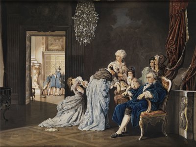 Poslední hodiny francouzské královské rodiny (Ludvík XVI. a Marie Antoinetta) v Louvru před vtrhnutím revolucionářů. Malba akvarelem/kvaš na kartonu. Rozměr 38 x 51 cm. Monogramováno „SG“ a datováno „1877“ vpravo dole od „SG“