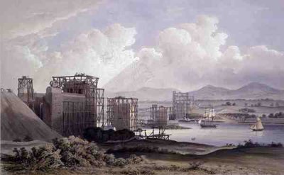 Britannia Tubular Bridge přes Menai Straits, pořízený během stavby v roce 1848, litografie od Day and Son od S. (after) Russell
