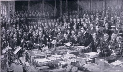 Jedna z nejvýznamnějších událostí v dějinách parlamentu 3. srpna 1914, z knihy Cassells History of the British People vydané nakladatelstvím Waverley Book Company Limited, cca 1940. od S. Begg