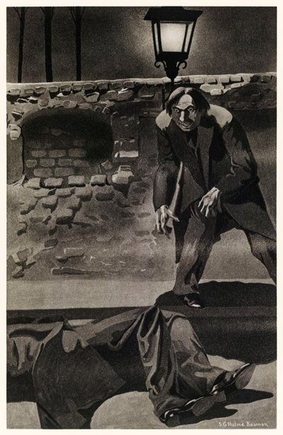 Utekl z místa těchto excesů najednou ve slávě a chvění“ z „Podivného případu doktora Jekylla a pana Hyda“ od Roberta Louise Stevensona (1850-1894) Ilustrace S.G. Hulme Beamam (1887-1932) pro vydání z roku 1930. Viz více informací níže. od S. G. Hulme Beamam