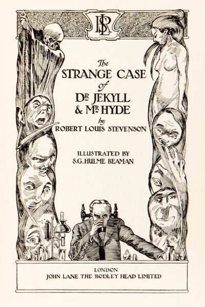 Titulní strana z „Podivného případu doktora Jekylla a pana Hyda“ od Roberta Louise Stevensona (1850-1894) Ilustrace S.G. Hulme Beamam (1887-1932) pro vydání z roku 1930. Další informace naleznete níže. od S. G. Hulme Beamam