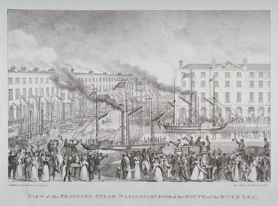Pohled na navrhovaný přístav pro parní plavbu v ústí řeky Lea, asi 1835 od S. Hemming