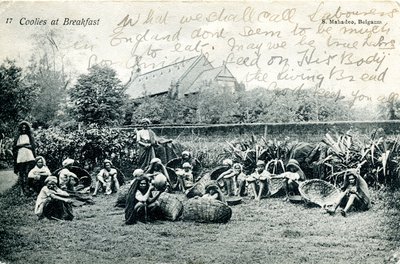 Coolies at breakfast, n. 1908 (m/w kuva) od S. Mahadeo