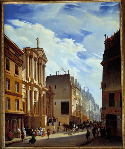 Pohled na ulici Saint Honore a kostel Saint Roch v Paříži v roce 1840 (olej na plátně) od S. Mingasson de Martinazeau