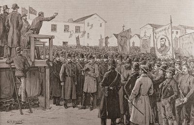 Policejní strážce vládního zpravodaje na ‚Plan of Campaign Meeting‘, z ‚The Illustrated London News‘, 8. ledna 1887 (rytina) od S. T. Dadd