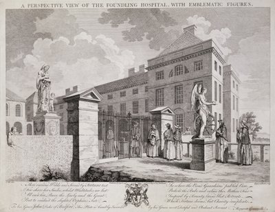 Perspektivní pohled na Foundling Hospital s emblematickými postavami, 1749 od S. Vale