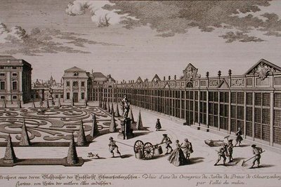 Pohled na jednu z oranžerií v zahradě knížete ze Schwarzenbergu ve Vídni, ryl Georg-Daniel Heumann (1691-1759), vydáno kolem 1724-37 (rytina) (viz také 170855) od Salomon (after) Kleiner