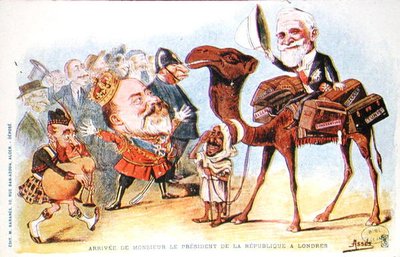 Karikatura příjezdu prezidenta Francouzské republiky Emile Loubeta (1838-1929) do Londýna v roce 1903 (barevné lito) od Salomon Assus