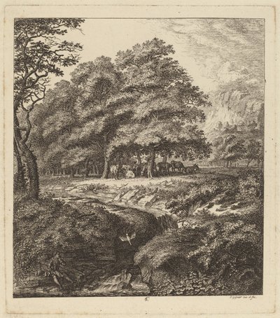 Dobytek odpočívá v háji s mužem sedícím vedle potoka, 1764. od Salomon Gessner