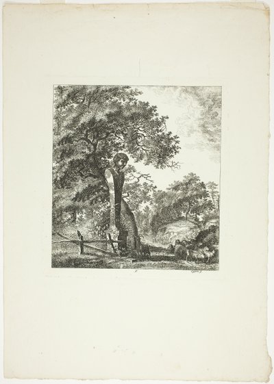 Ovce u sochy Pana, pátý talíř z knihy Paysages Dédiés à M. Warelet od Salomon Gessner