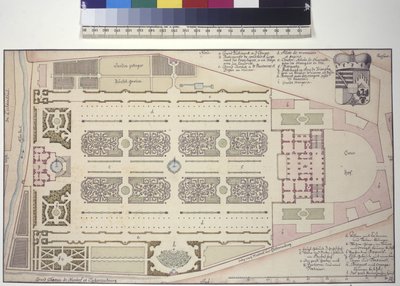 Celá stránka: Lichtenštejnský zahradní palác - půdorys (kresba perem a tuší) od Salomon Kleiner