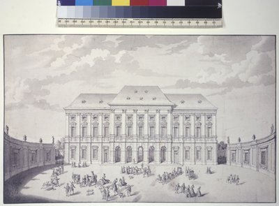 Celá stránka: Liechtensteinský zahradní palác, Vídeň, pohled na palác zepředu (pero, štětec a tuš) od Salomon Kleiner