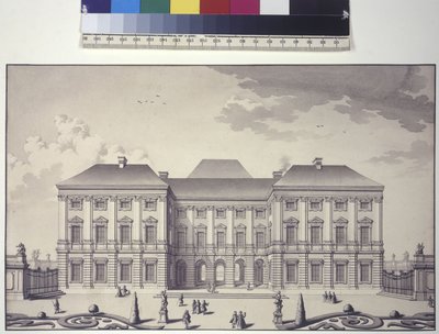 Celá strana: pohled na zahradní fasádu Lichtenštejnského paláce v Rossau (kresba perem a tuší) od Salomon Kleiner