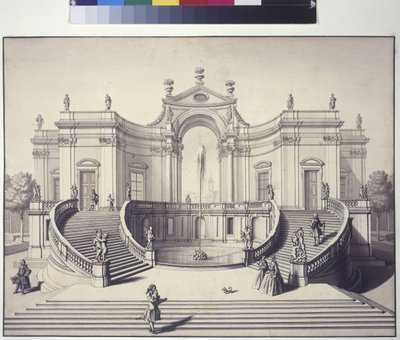 Celá strana: zahradní palác v zahradách Lichtenštejnského paláce, Rossau, Vídeň (kresba perem a tuší) od Salomon Kleiner