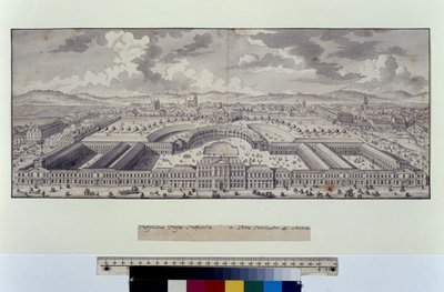 Celá strana: pohled z ptačí perspektivy na císařské stáje směrem k předměstí (pero, štětec a tuš) od Salomon Kleiner