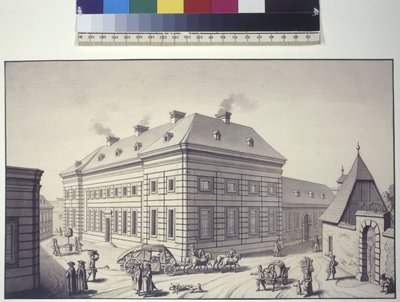 Celá strana: šikmý pohled na oranžerii, která se dříve nacházela naproti Lichtenštejnskému zahradnímu paláci v Rossau (kresba perem a tuší) od Salomon Kleiner