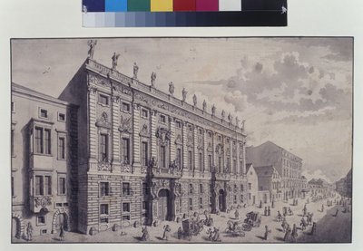 Celá strana: šikmý pohled na městský palác prince Evžena Savojského v Himmelpfortgasse (pero, štětec a tuš) od Salomon Kleiner