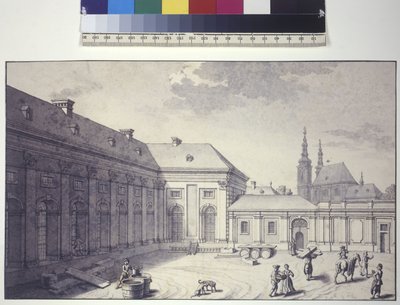Celá strana: pohled na vnitřní nádvoří Oranžerie (kresba perem a tuší) od Salomon Kleiner