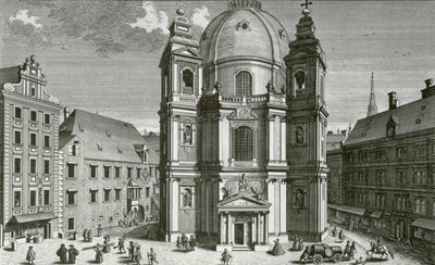 Pohled na Peterskirche, Vídeň, vyrytý Johannem Bernardem Hattingerem od Salomon Kleiner