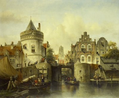 Imaginární pohled založený na Kolksluis, Amsterdam od Salomon Leonardus Verveer