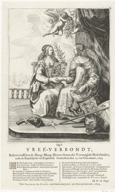 Fráze k Westminsterskému míru, 1654 Na Vree-Verbondt, uzavřeno mezi High: Moog: Heeren Staten der Vereenighde Nederland, ende Republikcke van Englandt. Geteeckent den 15 van Gras-maant, 1654 (název na objektu) od Salomon Pietersz. Lachair