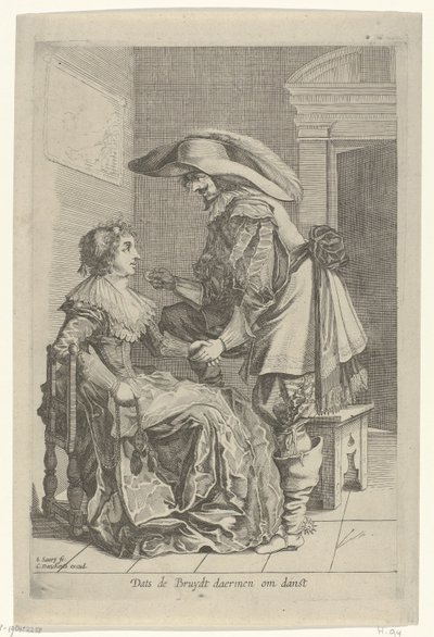 Muž nabízí ženě minci Dats de Bruydt daermen om danst (název na objektu) od Salomon Savery