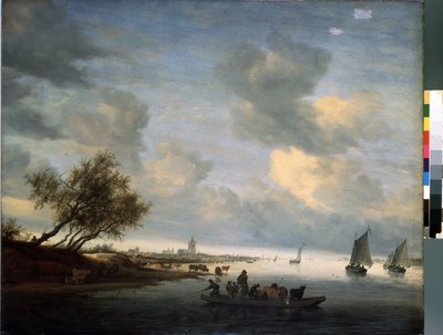 Ferry a Arnhem (Ferry at Arnhem) (Pays Bas). Peinture de Salomon Jacobsz (Jacob) Van Ruysdael (Ruisdael) (1600 nebo 1603-1670). Huile sur bois, 89 x 116 cm od Salomon van Ruisdael or Ruysdael