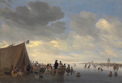 Bruslaři na zamrzlé řece Lek, město Vianen za ním, 1653 od Salomon van Ruisdael or Ruysdael